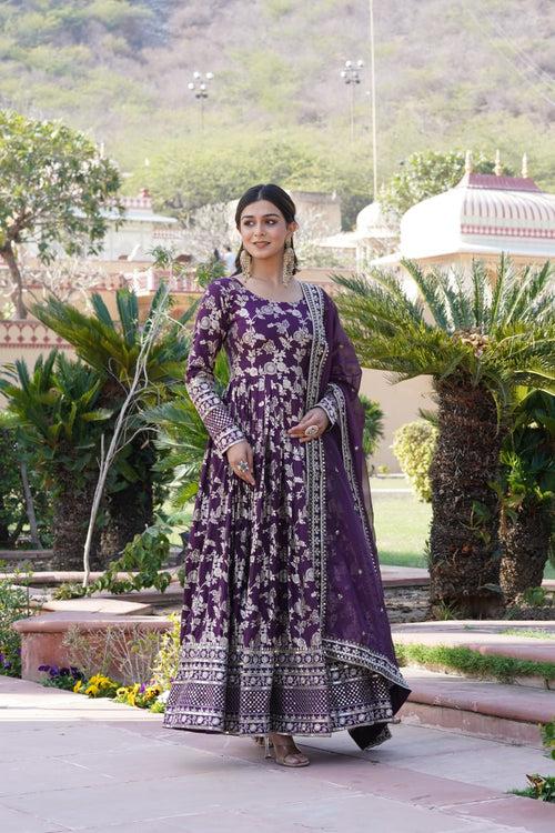 Luxe Wine Viscose Jacquard Gown with Sequin Embroidery & Russian Silk Dupatta