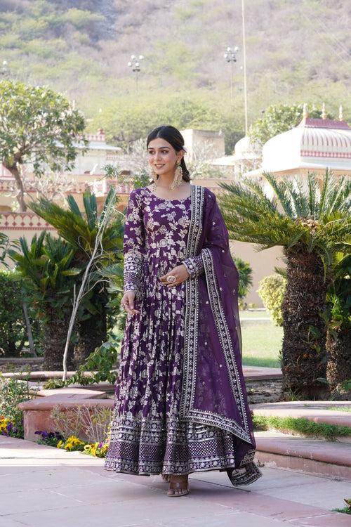 Luxe Wine Viscose Jacquard Gown with Sequin Embroidery & Russian Silk Dupatta