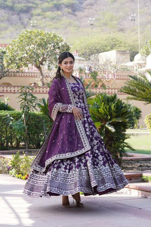 Luxe Wine Viscose Jacquard Gown with Sequin Embroidery & Russian Silk Dupatta