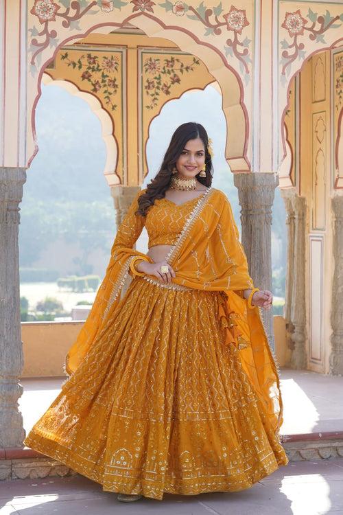 Shimmering Yellow Faux Georgette Lehenga Choli with Sequins & Thread Work