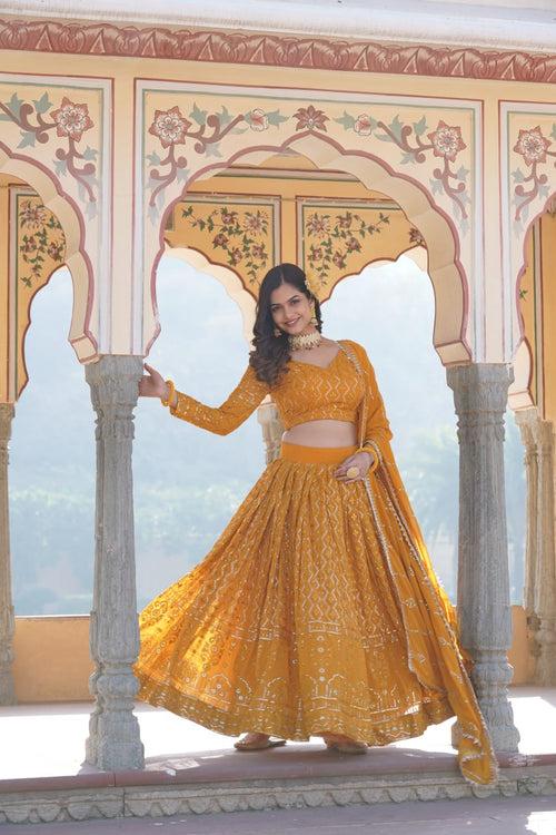 Shimmering Yellow Faux Georgette Lehenga Choli with Sequins & Thread Work