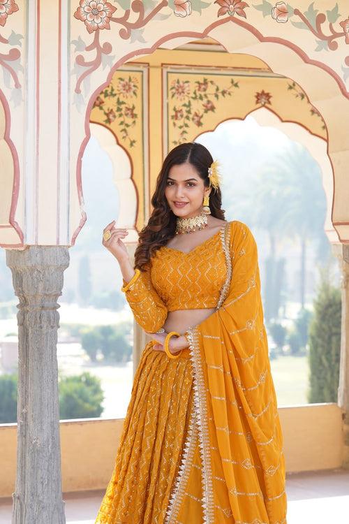 Shimmering Yellow Faux Georgette Lehenga Choli with Sequins & Thread Work