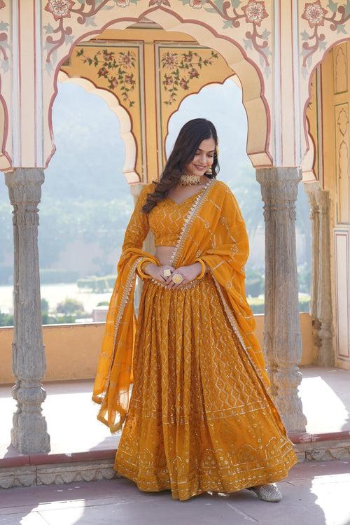 Shimmering Yellow Faux Georgette Lehenga Choli with Sequins & Thread Work