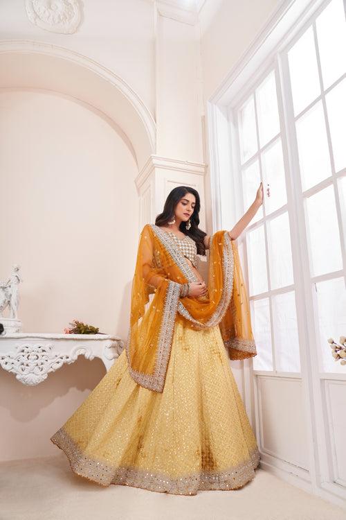 Shimmering Yellow Party Wear Lehenga Choli Set - Embroidered Elegance