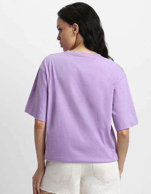 VEIRDO Women Lilac Oversized Typographic Brand Printed  Tshirt