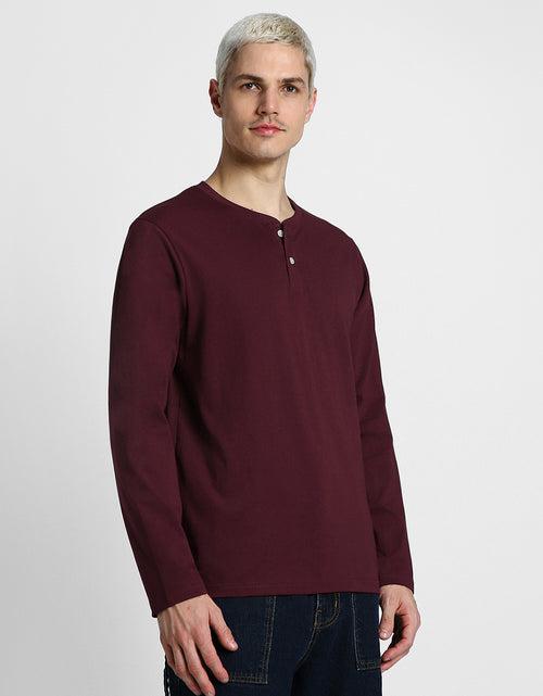 Henley Maroon Solid Tshirt