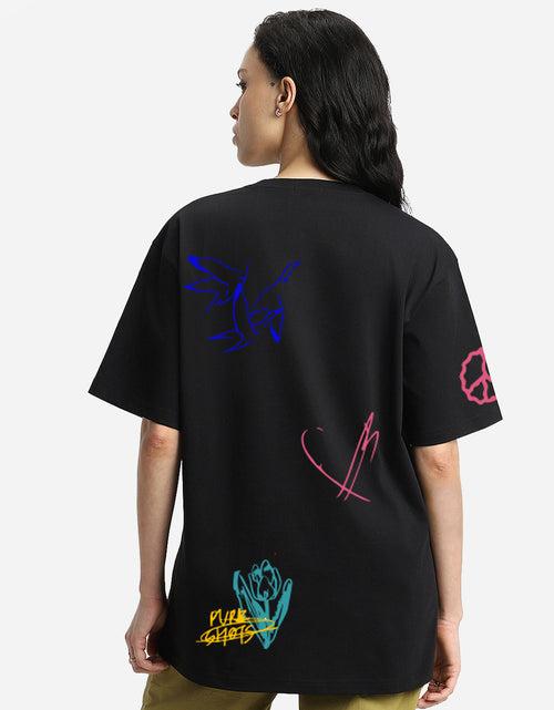 BRIEF ROMANCE Women Black Oversized Front Graphic Printed Tshirt