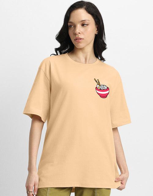 RAMEN Women Printed Beige Oversized Back Graphic Printed Tshirt