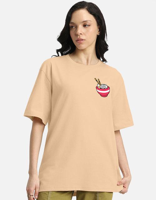 RAMEN Women Printed Beige Oversized Back Graphic Printed Tshirt