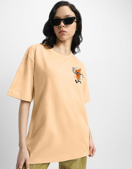 BEERDO Women Beige Oversized Back Typographic Printed Tshirt