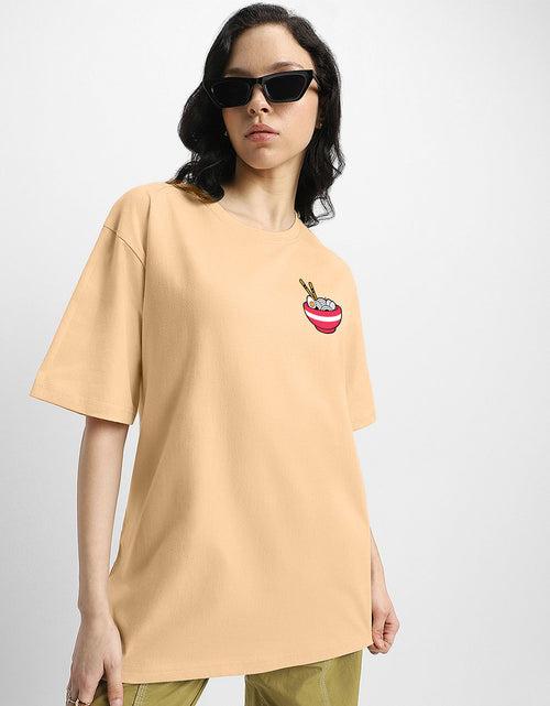 RAMEN Women Printed Beige Oversized Back Graphic Printed Tshirt