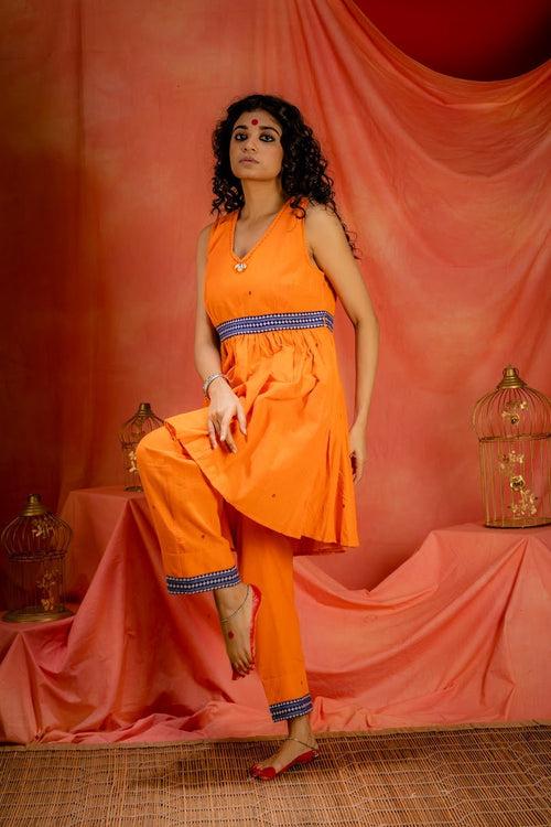 Saanjh- Orange Straight pants with borders