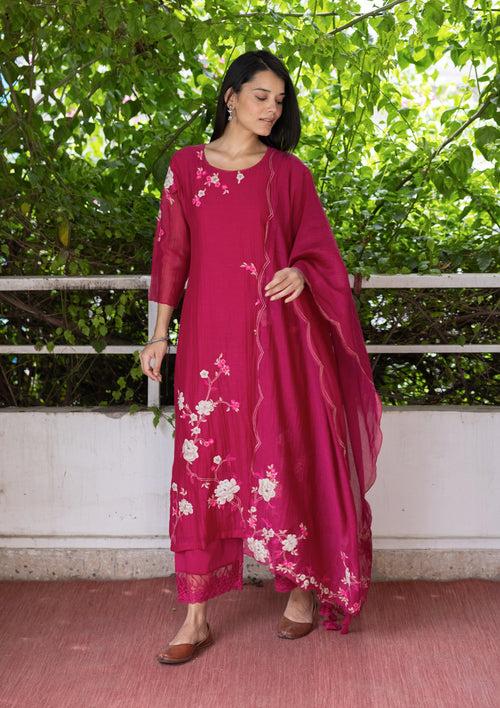 GARNET FLORAL APPLIQUE KURTA SET