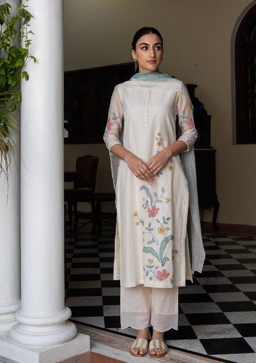 Porcelain and Sage Applique Kurta Set