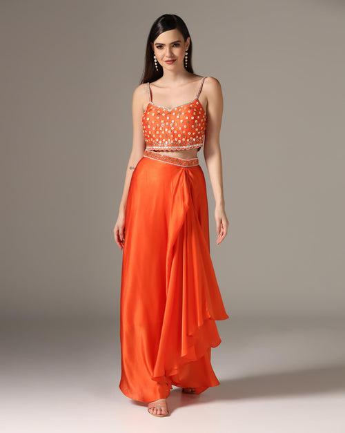 Orange Chamoise Satin & Raw Silk Draped Skirt Set