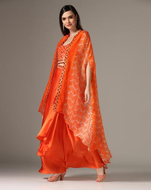 Orange Chamoise Satin & Raw Silk Draped Skirt Set