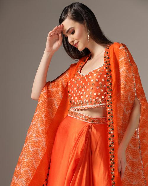 Orange Chamoise Satin & Raw Silk Draped Skirt Set