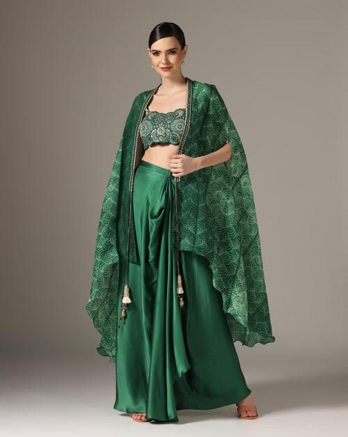 Green Chamoise Satin & Raw Silk Draped Skirt Set