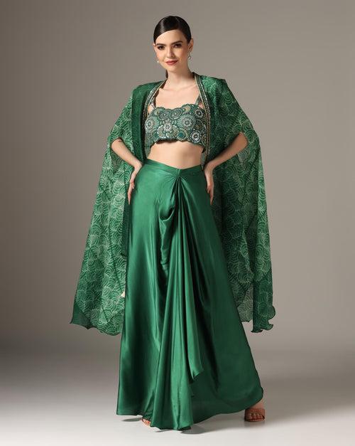 Green Chamoise Satin & Raw Silk Draped Skirt Set