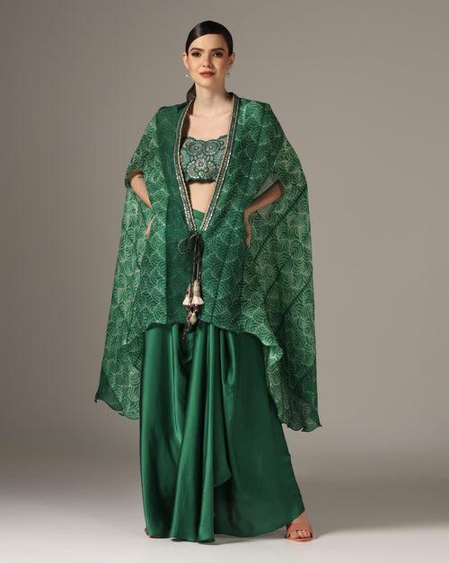 Green Chamoise Satin & Raw Silk Draped Skirt Set