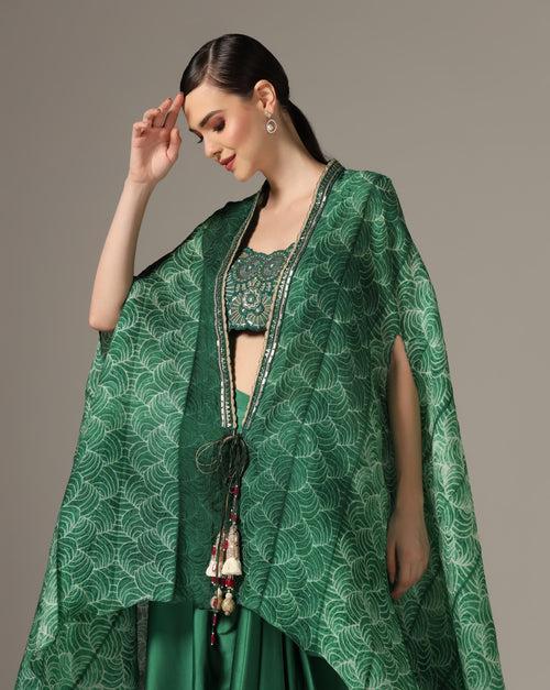 Green Chamoise Satin & Raw Silk Draped Skirt Set