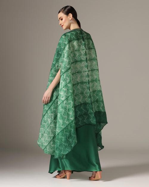 Green Chamoise Satin & Raw Silk Draped Skirt Set