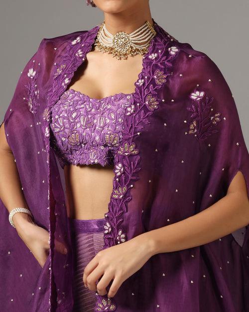 Purple Organza Dori Embroidered Cape Set