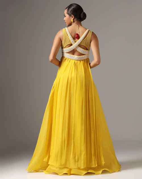 Yellow Organza & Chiffon Embroidered Anarkali Set