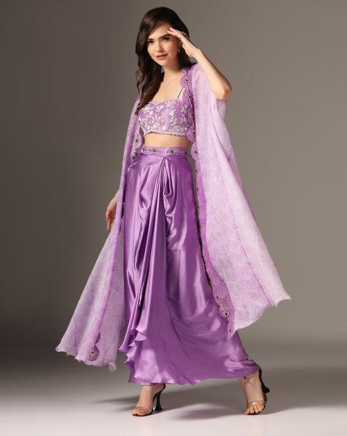 Lilac Raw Silk & Organza Draped Skirt Set