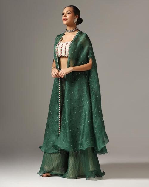 Dark Green Organza Embroidered Cape Set