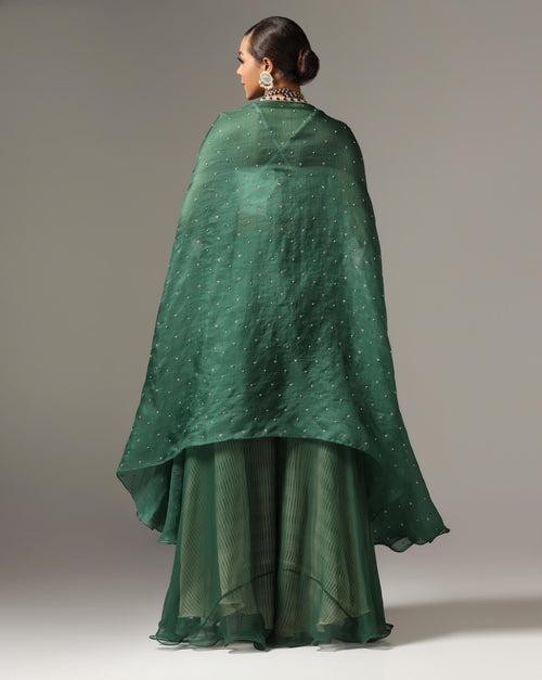 Dark Green Organza Embroidered Cape Set