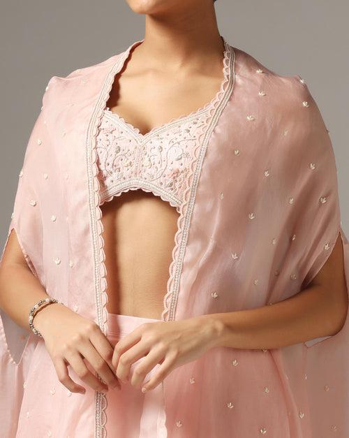 Pink Organza Embroidered Cape Set