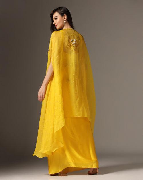 Yellow Raw Silk & Organza Draped Skirt Set