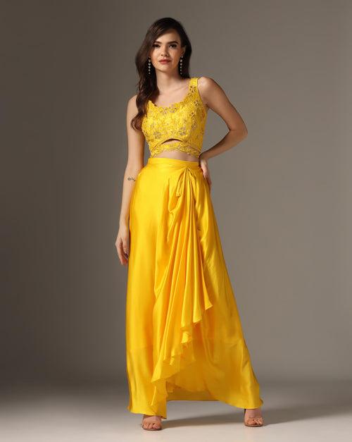 Yellow Raw Silk & Organza Draped Skirt Set