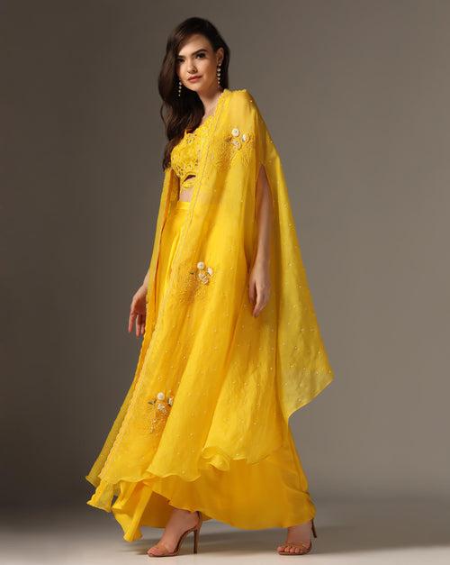 Yellow Raw Silk & Organza Draped Skirt Set