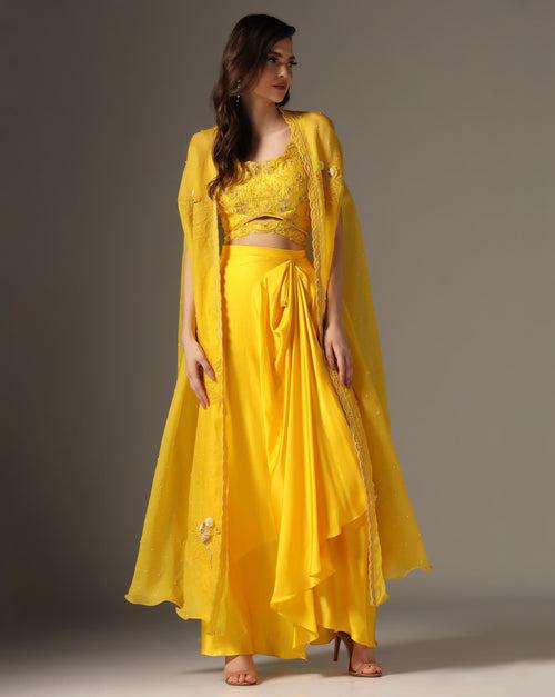 Yellow Raw Silk & Organza Draped Skirt Set