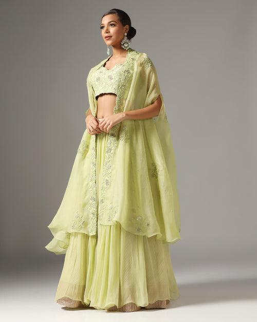 Green Organza & Raw Silk Dori Embroidered Jacket Lehenga Set