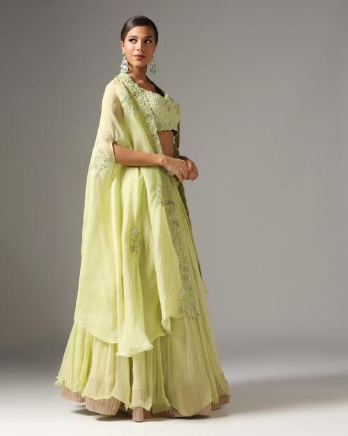 Green Organza & Raw Silk Dori Embroidered Jacket Lehenga Set