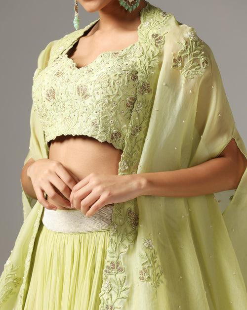 Green Organza & Raw Silk Dori Embroidered Jacket Lehenga Set