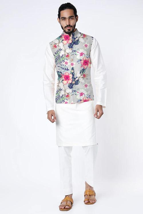 Printed Raw Silk Nehru Jacket