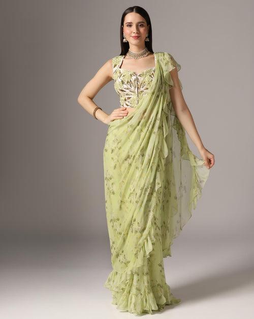 Green Chiffon Printed Pre-Stitched Frilled Saree Set