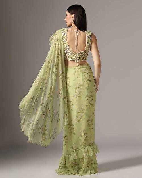 Green Chiffon Printed Pre-Stitched Frilled Saree Set