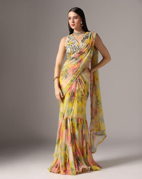 Yellow Chiffon Printed Pre-Stitched Frilled Saree Set