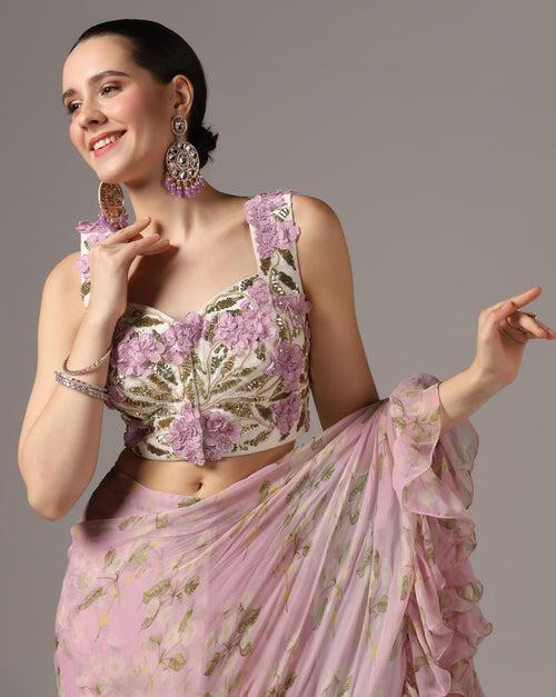 Lilac Chiffon Printed Pre-Stitched Frilled Saree Set