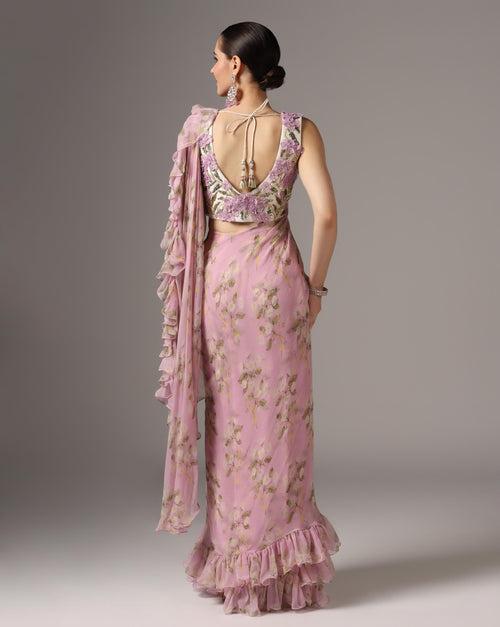 Lilac Chiffon Printed Pre-Stitched Frilled Saree Set