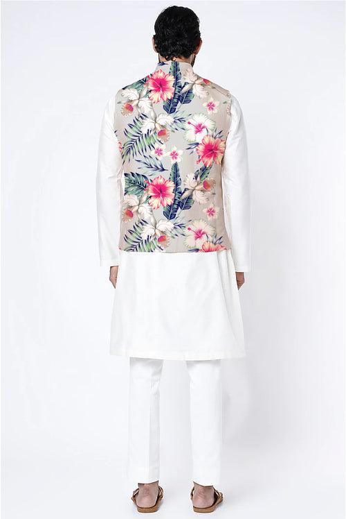 Printed Raw Silk Nehru Jacket