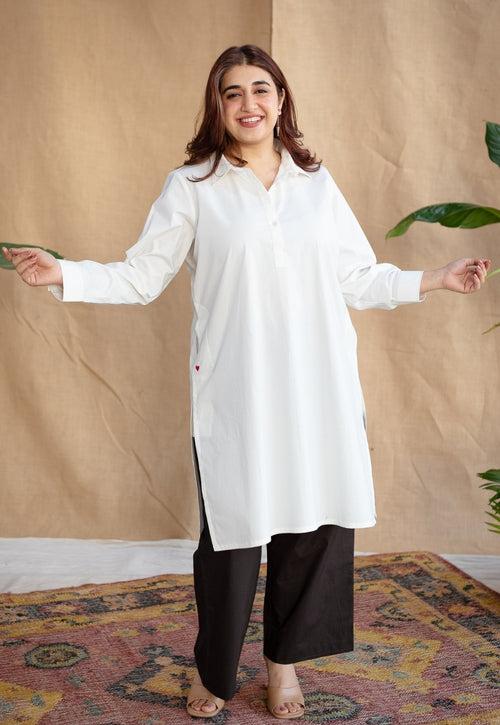 TIECO DyeVerse - White Poplin Cotton Embroidered Kurta