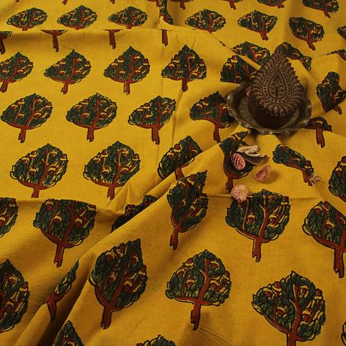 Yellow & Green Big Leaf Ajrakh Hand Block Printed Cotton Fabric