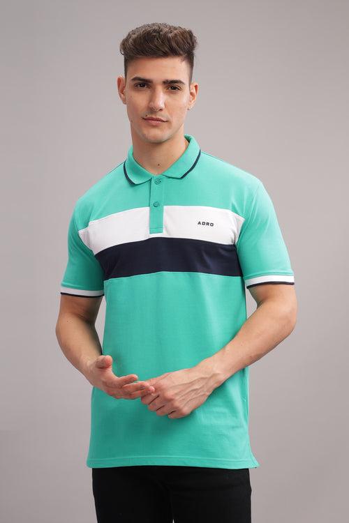 Adro Mens Aqua Blue Cotton Polo T-shirt in Cut n Sew Style