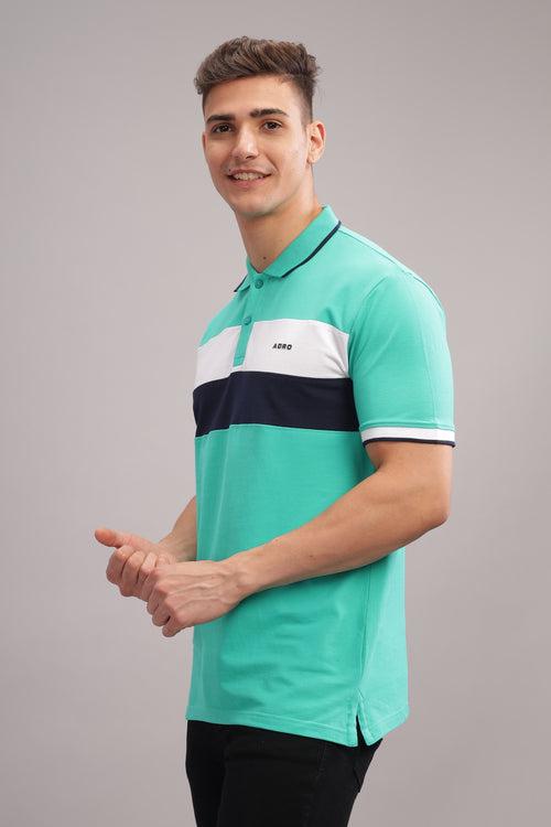 Adro Mens Aqua Blue Cotton Polo T-shirt in Cut n Sew Style